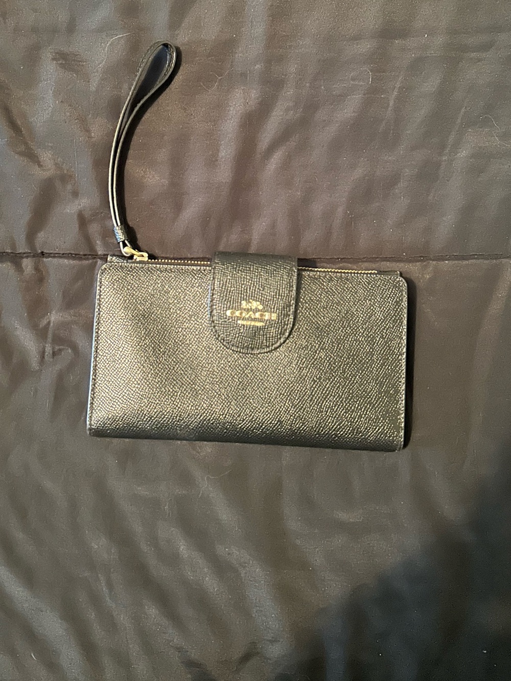 Coach Black Textured Leather Wristlet Wallet with Gold Logo